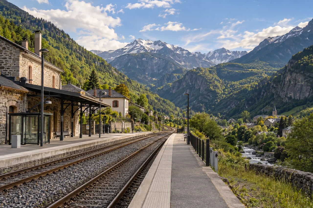 Imagen ilustrativa de una estación ferroviaria en los Pirineos